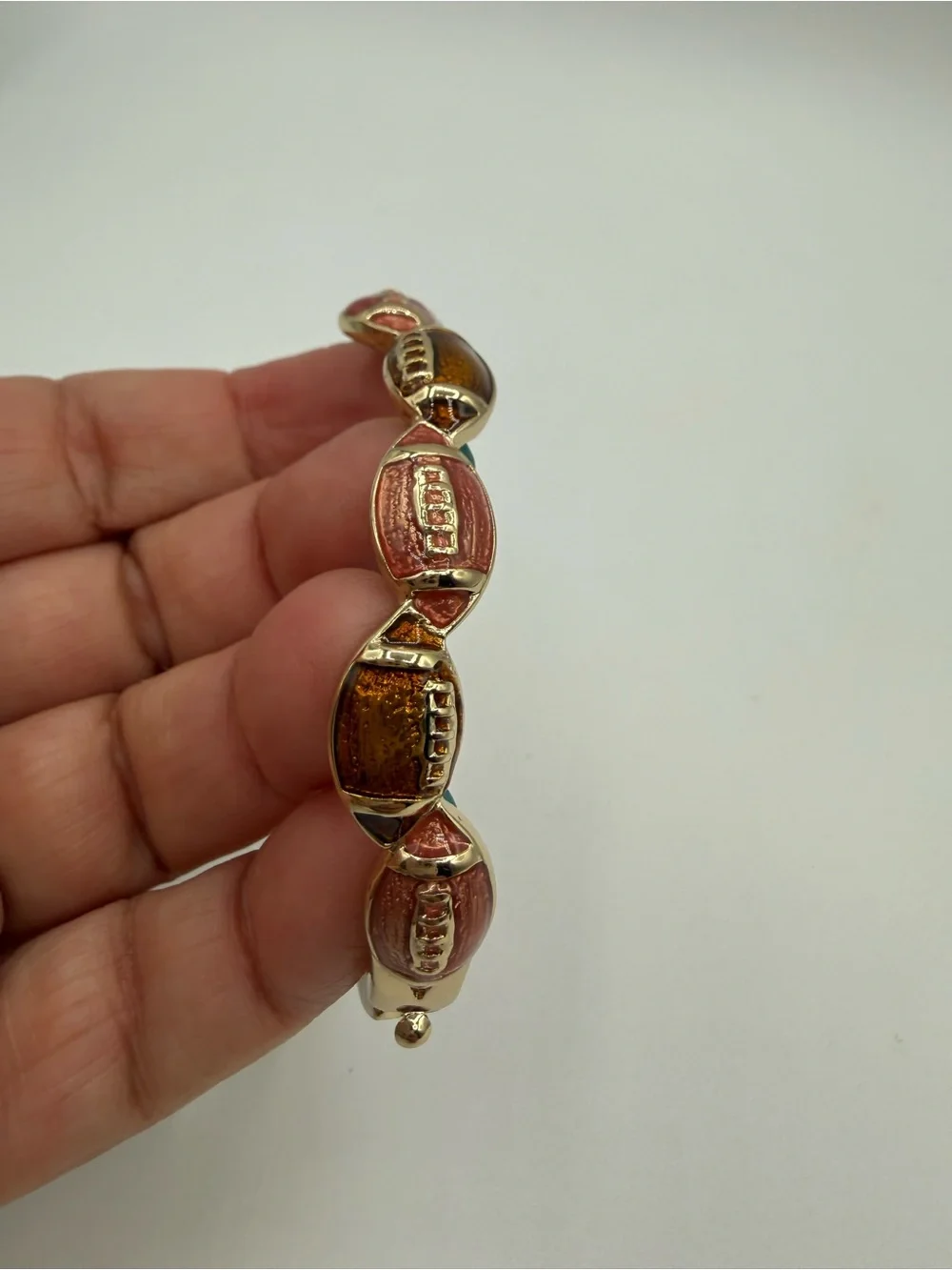 Vintage Napier Gold Tone Enamel Football Bangle Bracelet Pink Brown Hinged Cuff